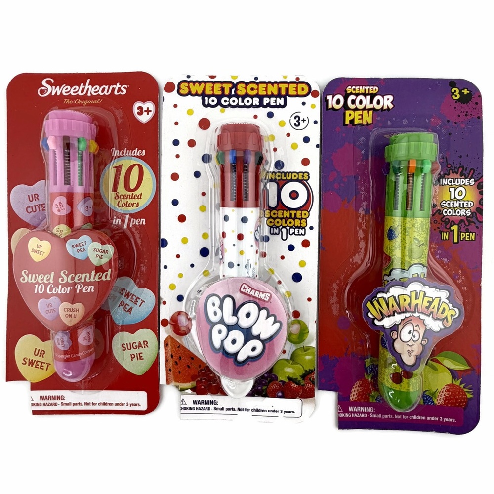 Sweet Scented 10-Color Pens Set of 3 Blow Pops Sweethearts Warheads